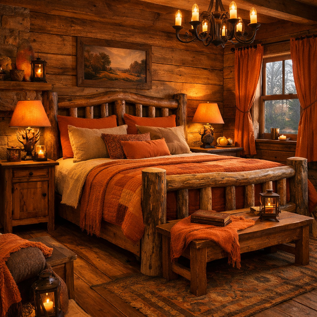 A rustic orange bedroom featuring natural wood elements and warm lighting.