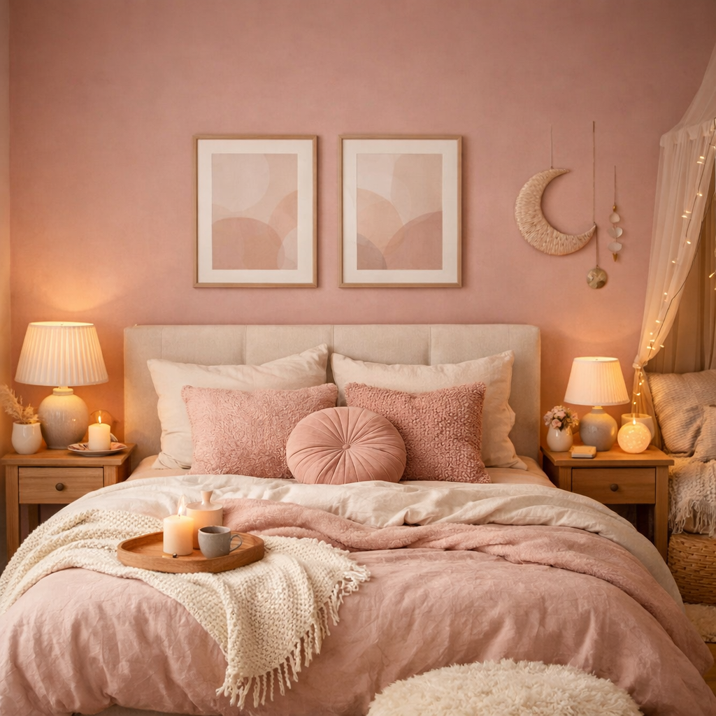 Cozy bedroom with blush pink walls, soft bedding, and elegant decor.