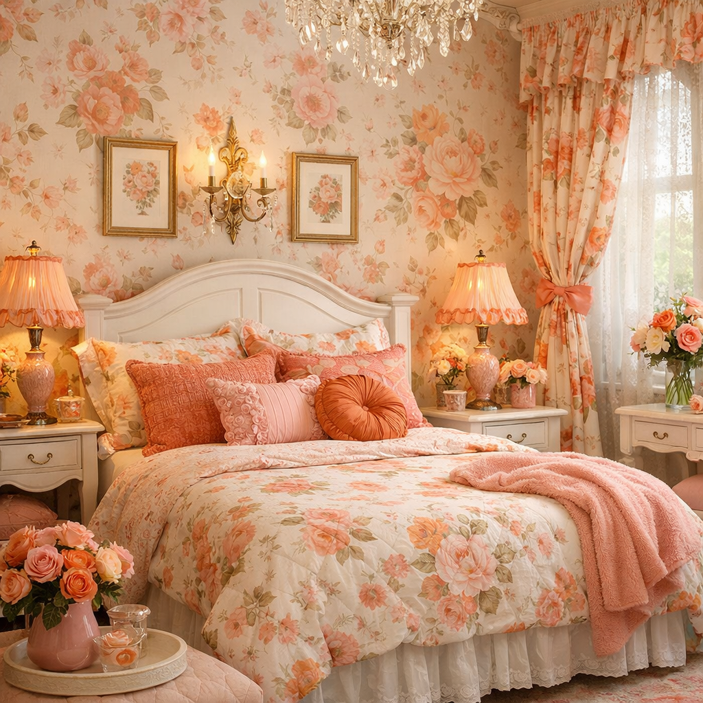 A pink and orange floral themed bedroom with a floral wallpaper, cozy bedding, and decorative accents.