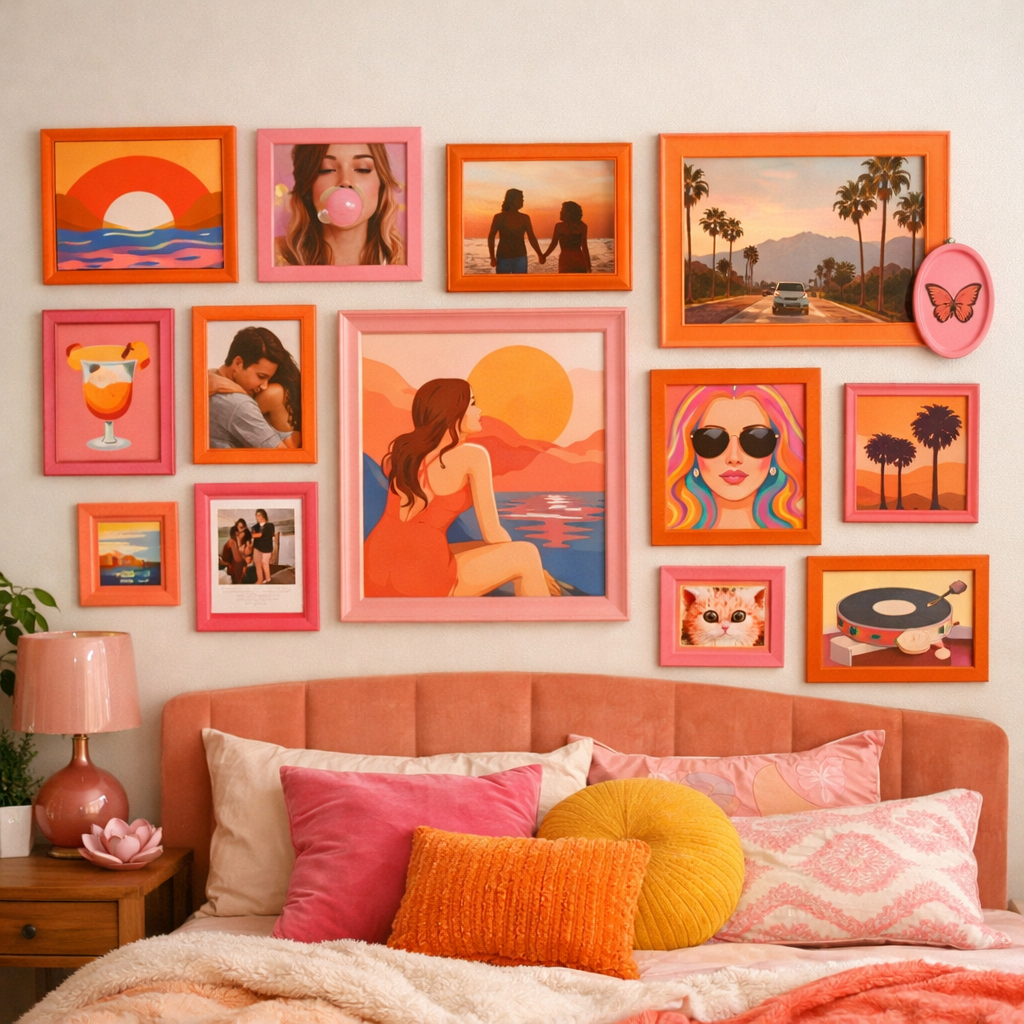 A beautifully arranged gallery wall featuring pink and orange framed artworks above a cozy bed.