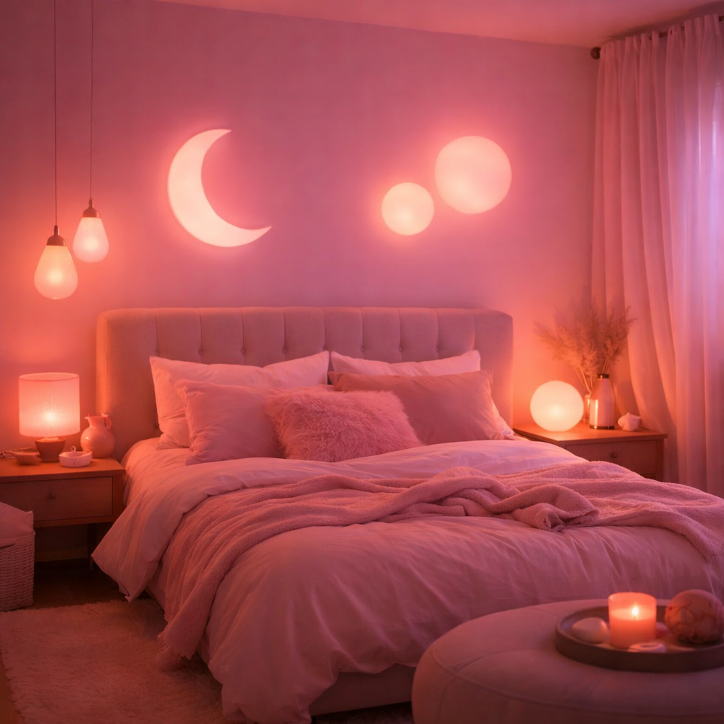 A cozy bedroom with pink lighting fixtures and a soft, inviting atmosphere.