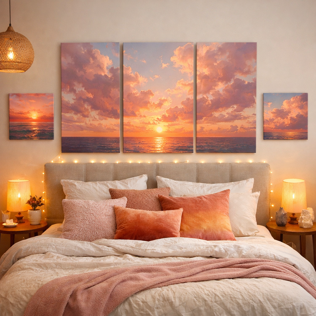 A bedroom with sunset-themed artwork featuring pink and orange colors on the wall, along with cozy bedding and warm lighting.