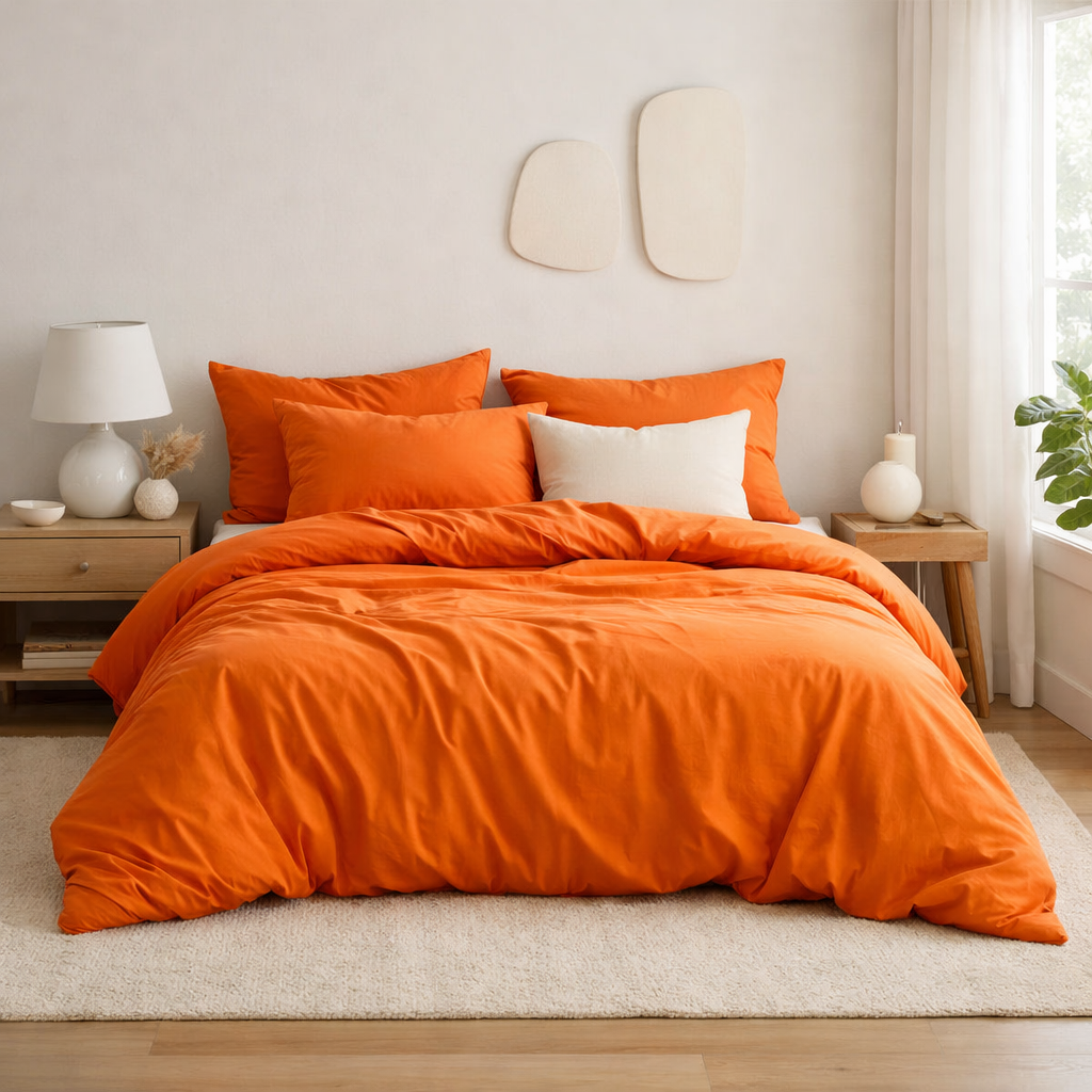 A cozy bedroom featuring vibrant orange bedding with accent pillows and light wooden furniture.