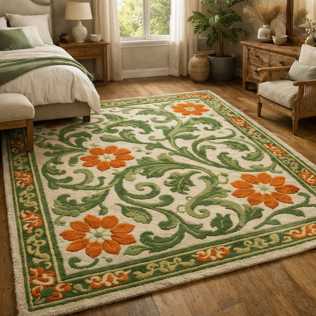 A cozy bedroom with a green and orange floral rug, featuring a soothing color palette and natural design.