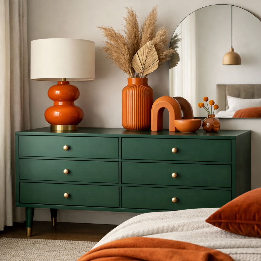 A stylish green dresser with orange accents including a lamp and vases, creating a vibrant bedroom atmosphere.
