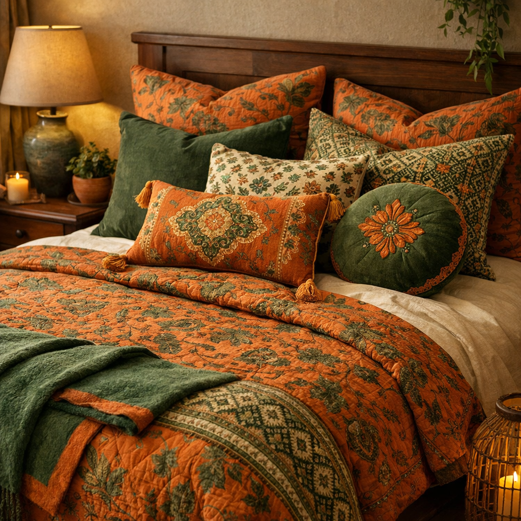A beautifully arranged bed with orange and green bedding, featuring various decorative pillows and warm ambiance.