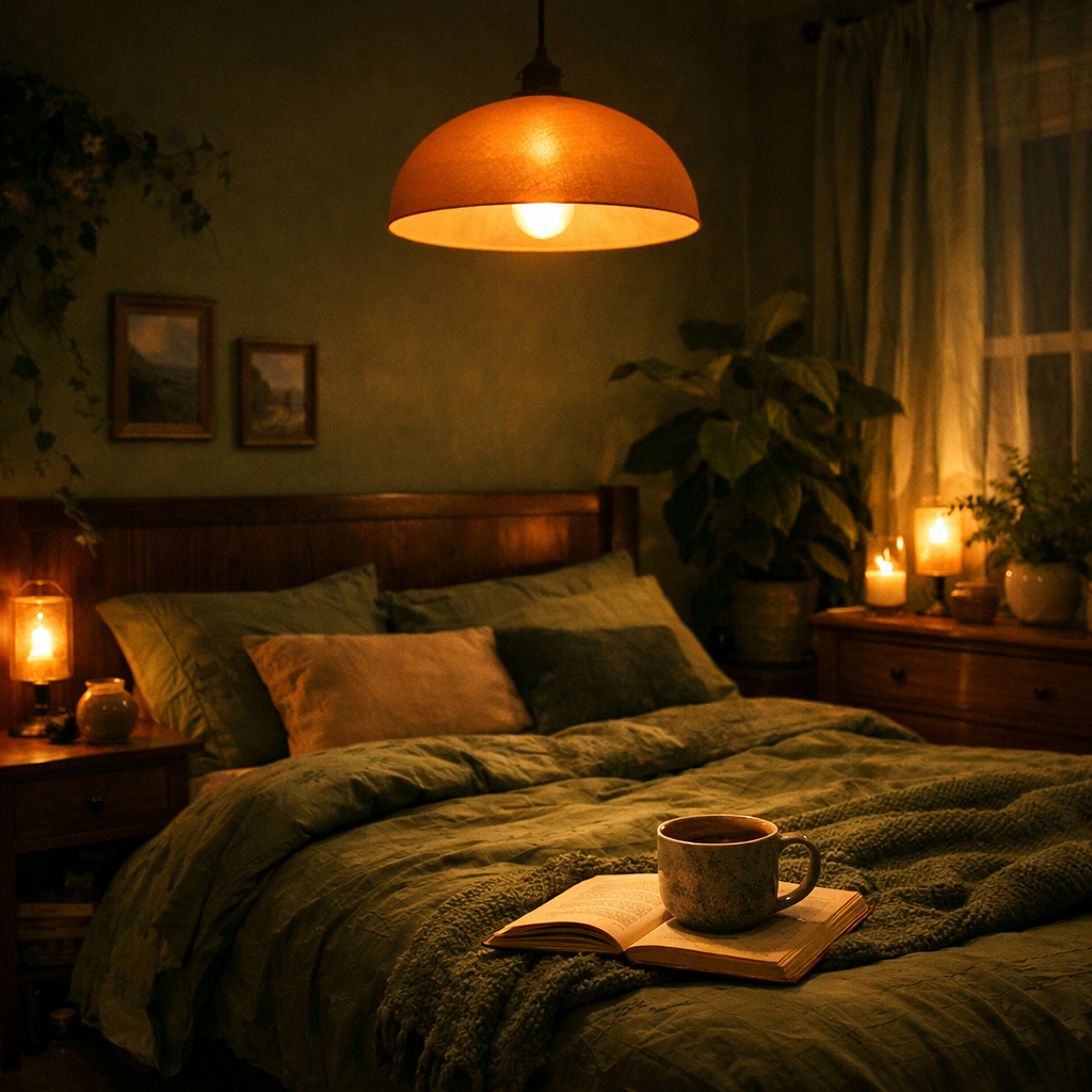 A cozy bedroom featuring warm orange lighting, green bedding, and a relaxing atmosphere