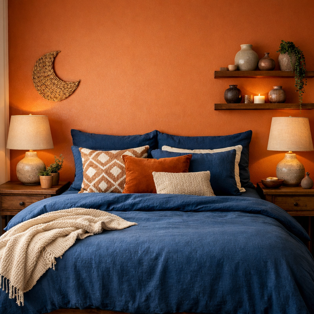 A cozy bedroom with an orange accent wall, blue bedding, and decorative items.