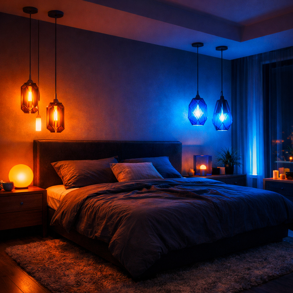 A cozy bedroom with orange and blue lighting fixtures, featuring pendant lights and soft furniture
