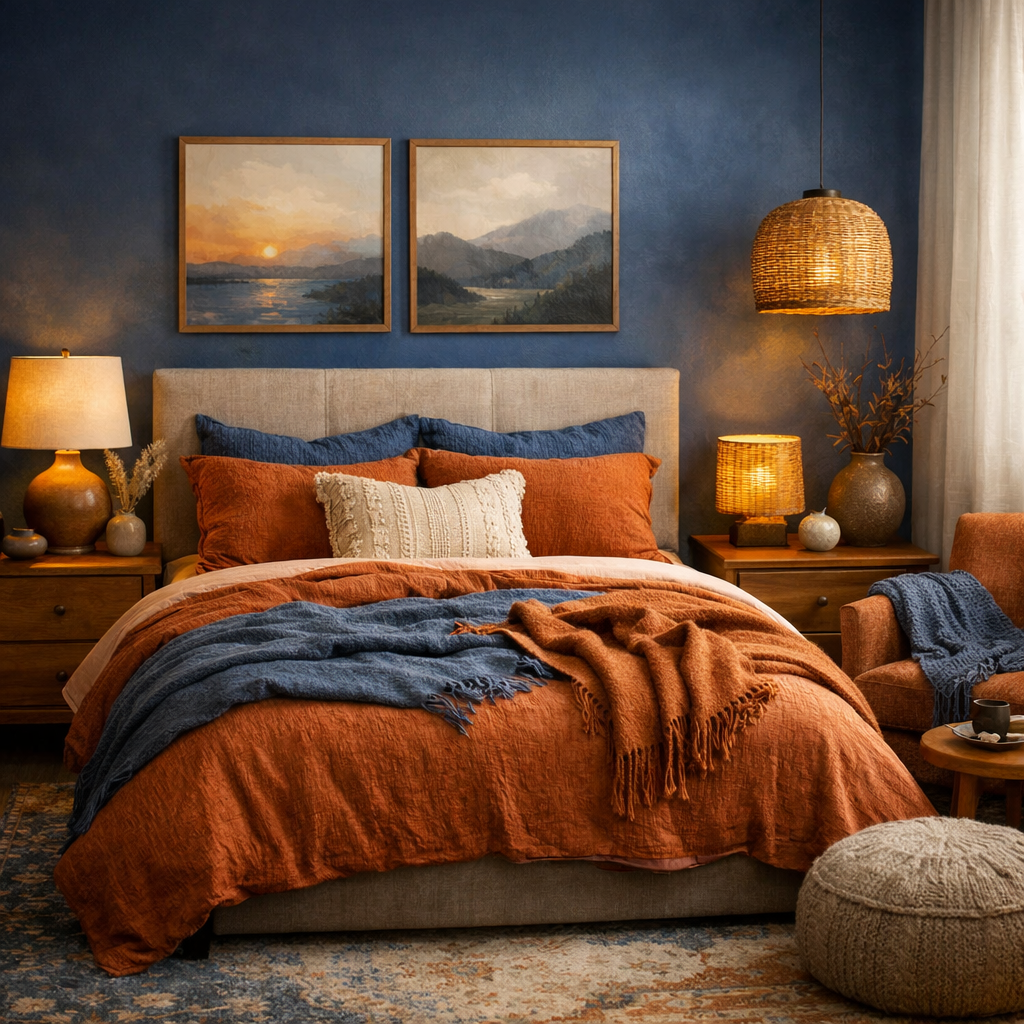 A cozy bedroom featuring a blue and burnt orange color palette with a comfortable bed, warm lighting, and natural accents.