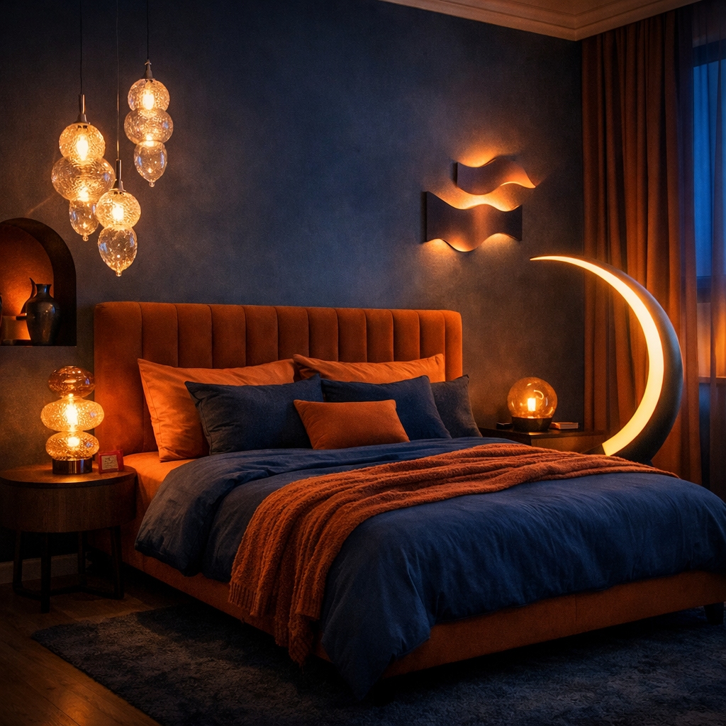 A cozy blue and burnt orange bedroom featuring unique lighting fixtures that enhance the ambiance.