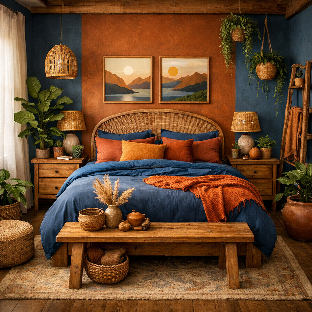 A cozy bedroom featuring blue and burnt orange walls, natural textures, and greenery.