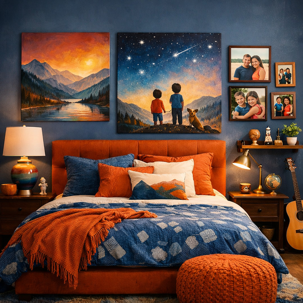 Cozy blue and burnt orange bedroom featuring artworks and personal photos.