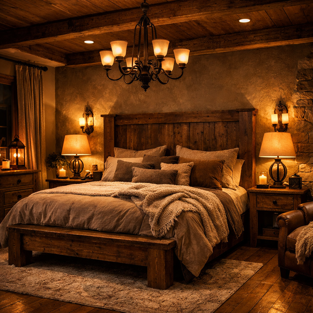 A warm and inviting rustic orange bedroom featuring a chandelier, bedside lamps, and candles.