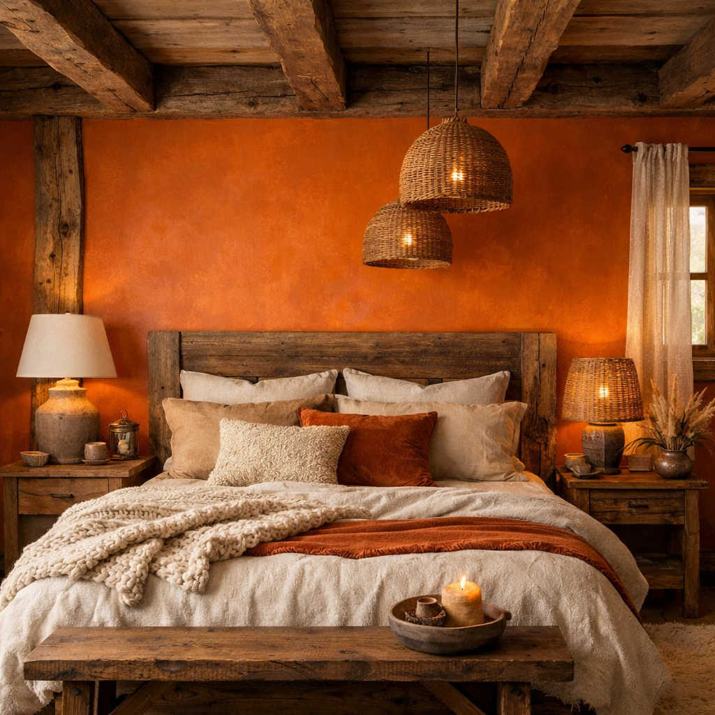 A cozy rustic bedroom featuring an orange accent wall, wooden beams, and warm textiles.