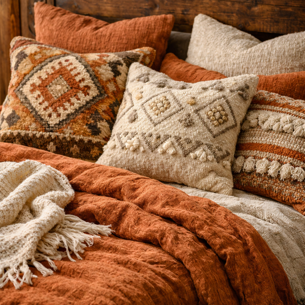 A cozy rustic orange bedroom featuring decorative pillows and a knitted throw on a bed.
