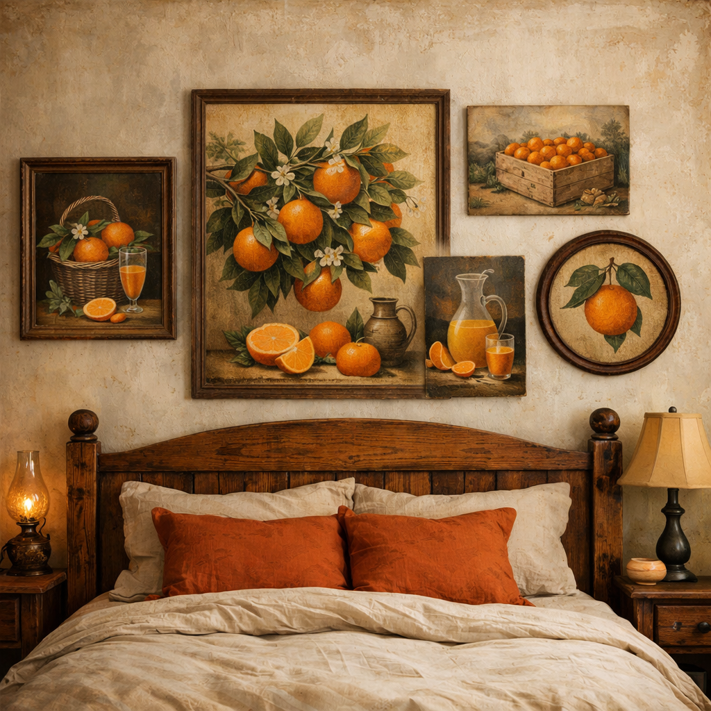 A rustic bedroom with a collection of vintage orange artworks on the wall above a wooden bed with orange pillows