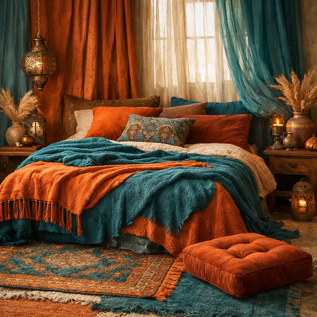 A beautifully styled bedroom featuring layered textures in teal and orange, with a cozy bed, cushions, and decorative elements.