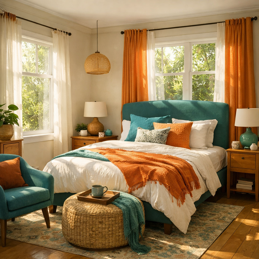 A bright bedroom featuring teal and orange decor, with large windows allowing natural light in.