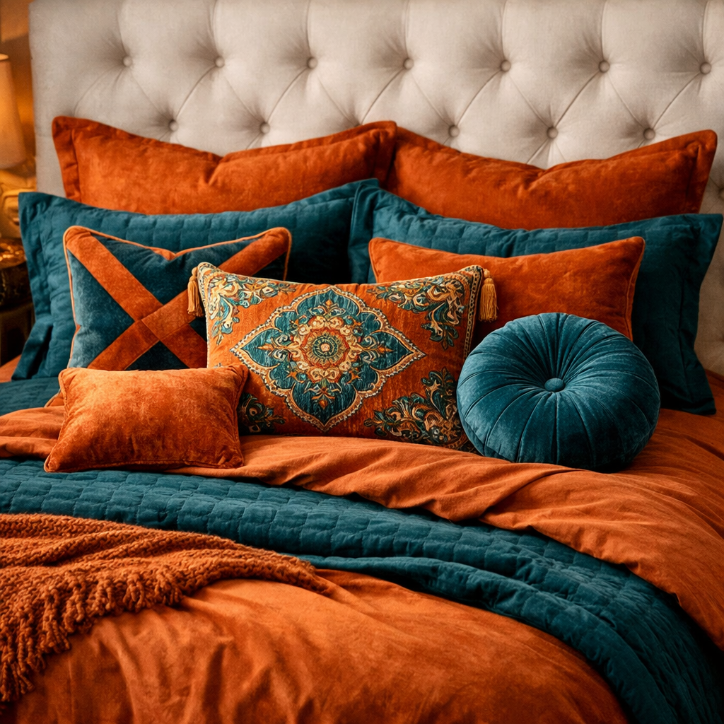 Orange and teal bedding combination with various pillows on a bed