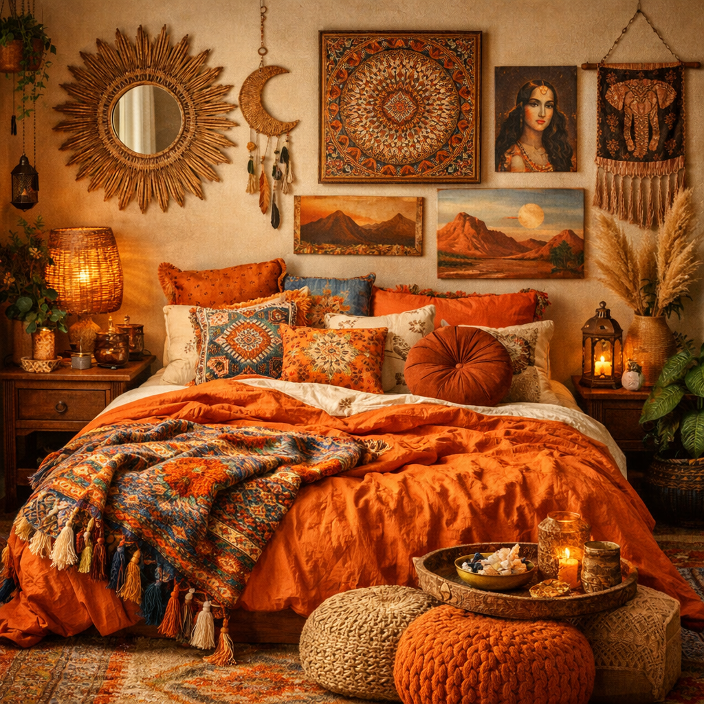 A cozy bohemian bedroom filled with orange textiles, patterned pillows, and decorative elements.