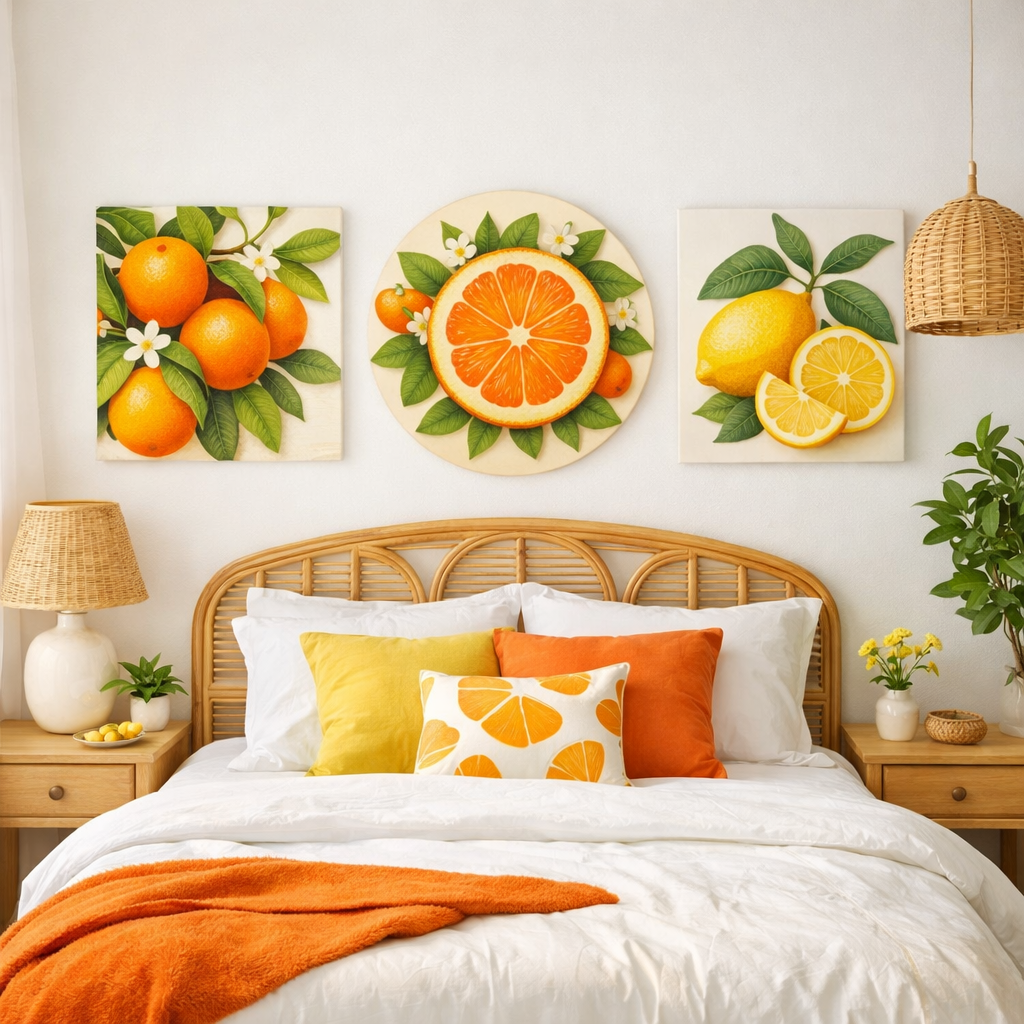 An orange-themed bedroom featuring citrus-inspired wall art with paintings of oranges and lemons.