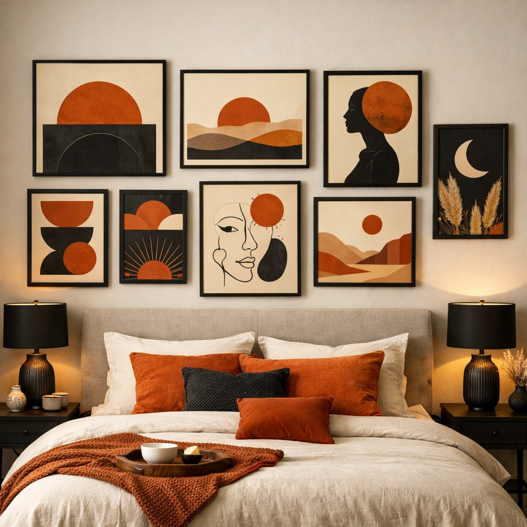A stylish bedroom featuring artistic wall decor in black and burnt orange theme.