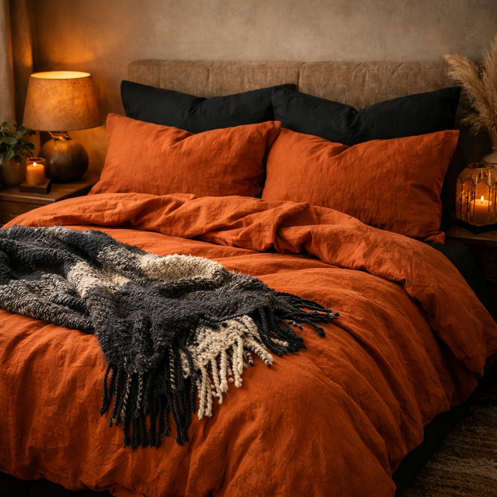 Cozy burnt orange bedding set with black pillows and a knitted throw