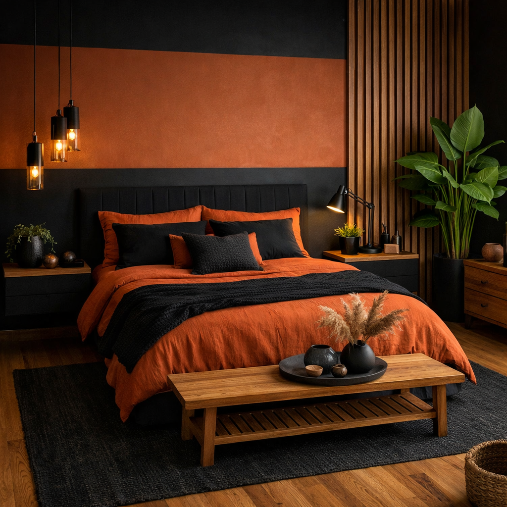 A stylish black and burnt orange bedroom featuring a mix of dark and warm tones with natural elements