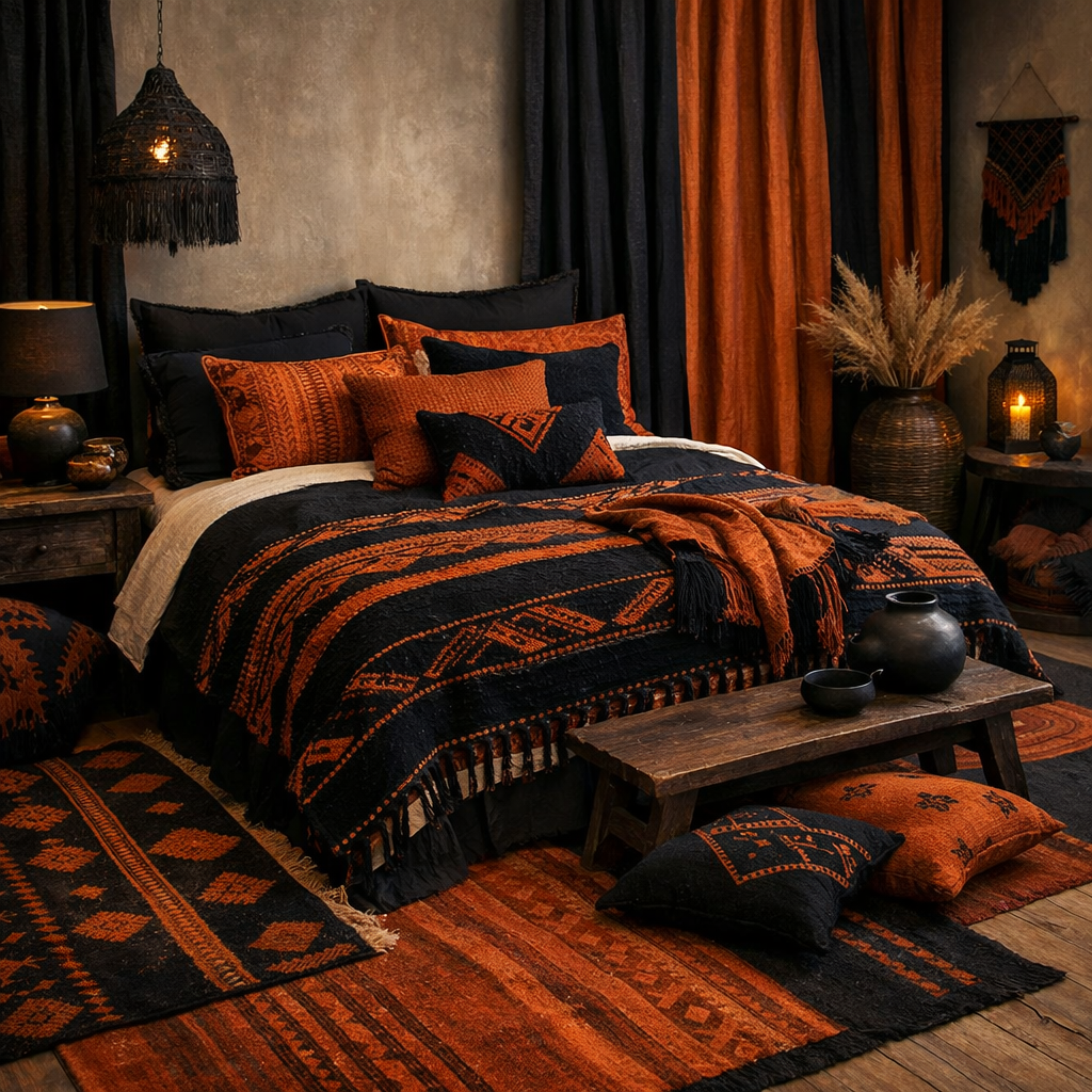 A cozy bedroom featuring black and burnt orange textiles with various cushions and throws.