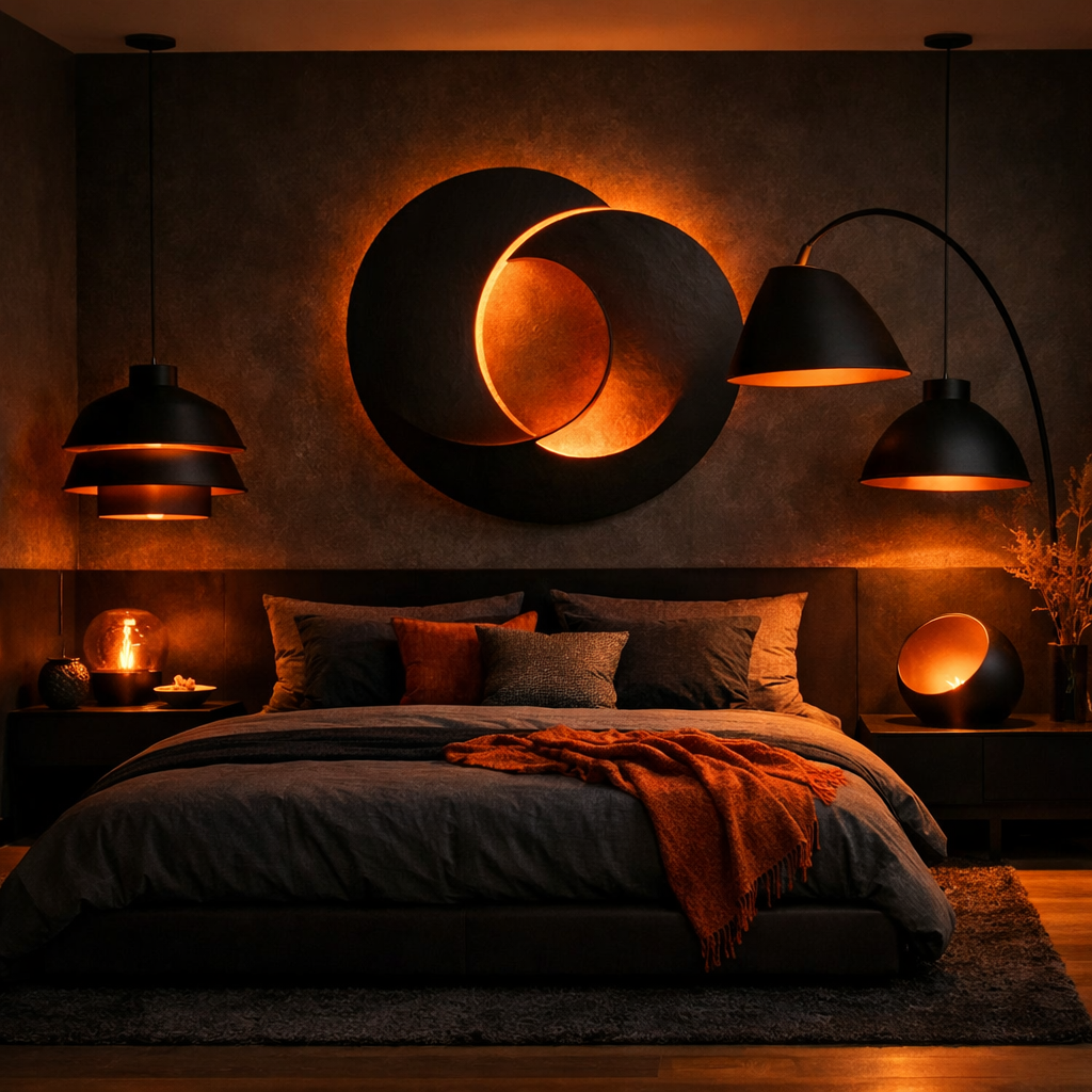 A modern bedroom featuring black and burnt orange color scheme with stylish lighting fixtures