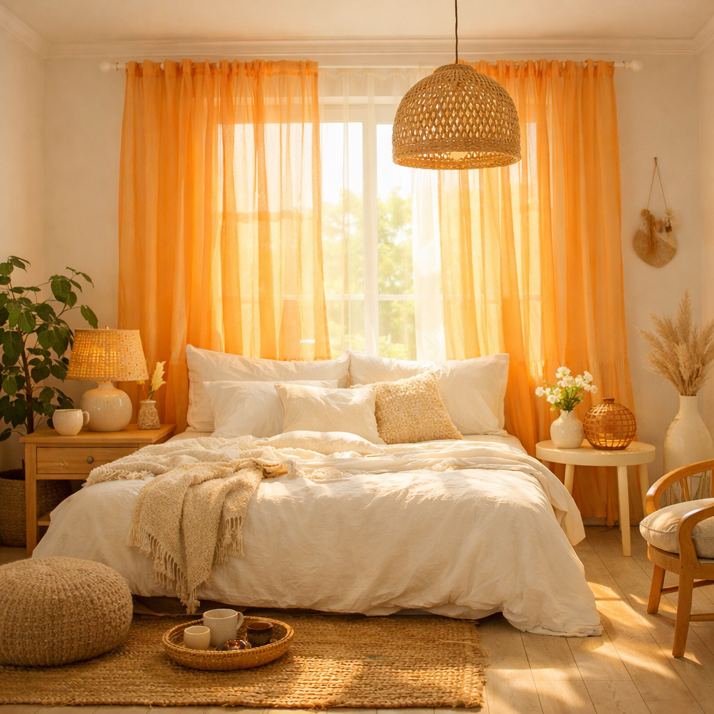 A cozy bedroom featuring sheer orange curtains, plush bedding, and natural decor elements.
