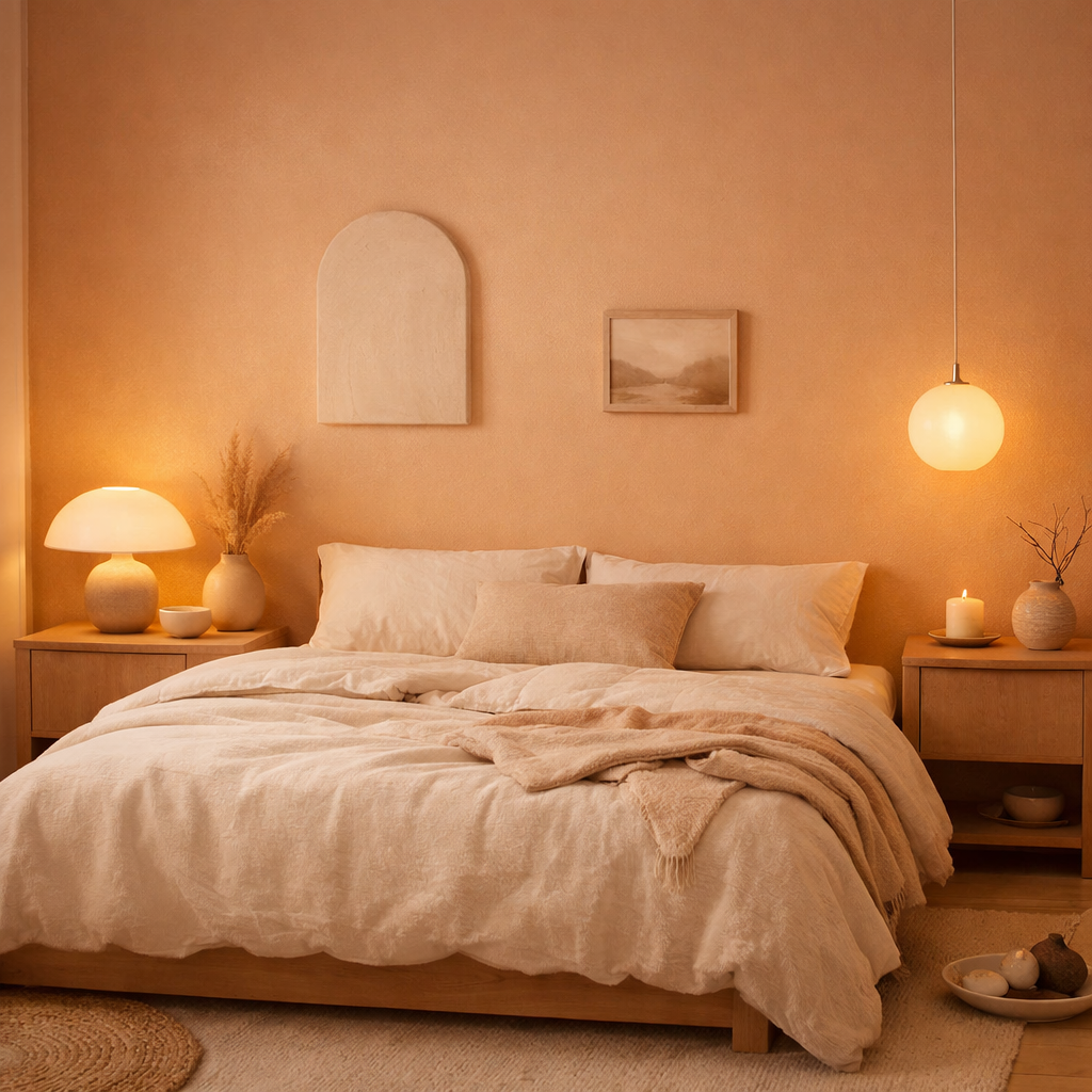 A cozy bedroom featuring muted peach walls, warm lighting, and soft bedding.