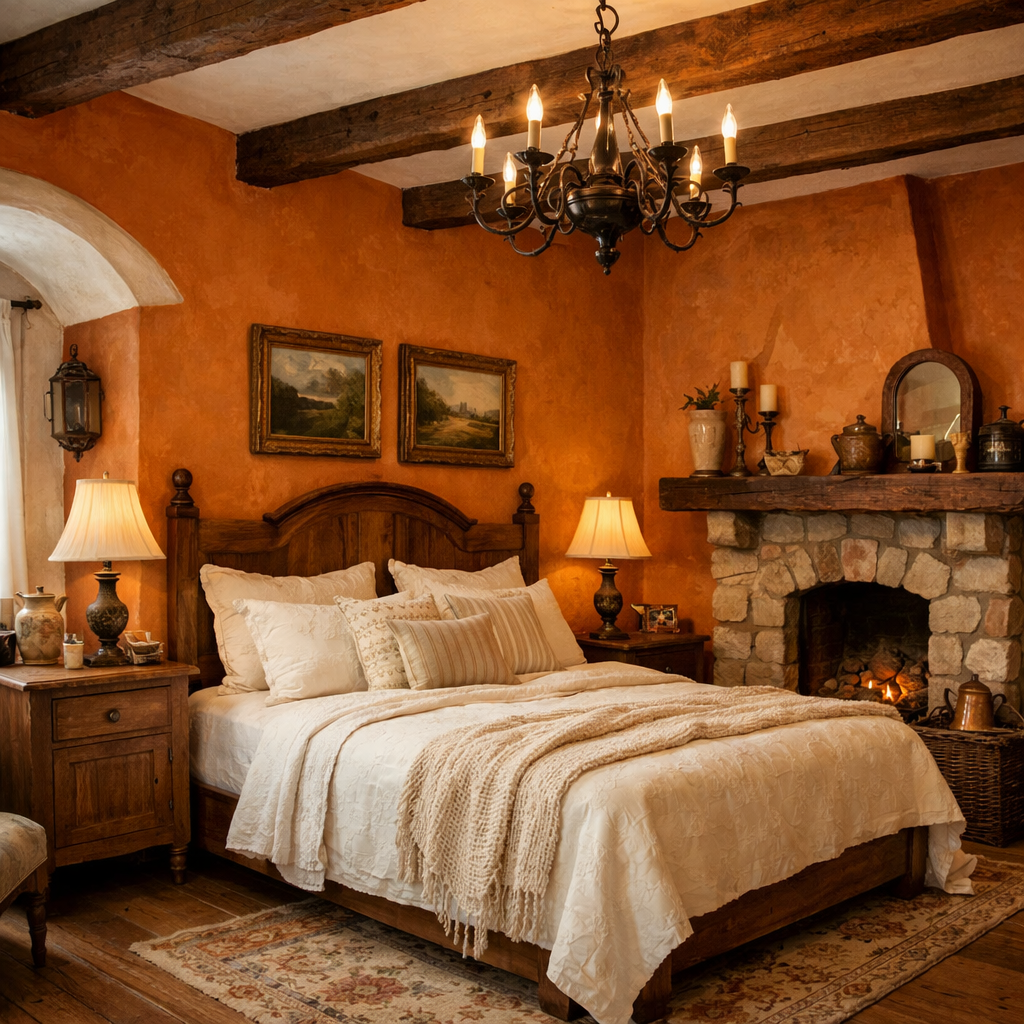 A cozy rustic bedroom with orange walls, wooden furniture, and white bedding