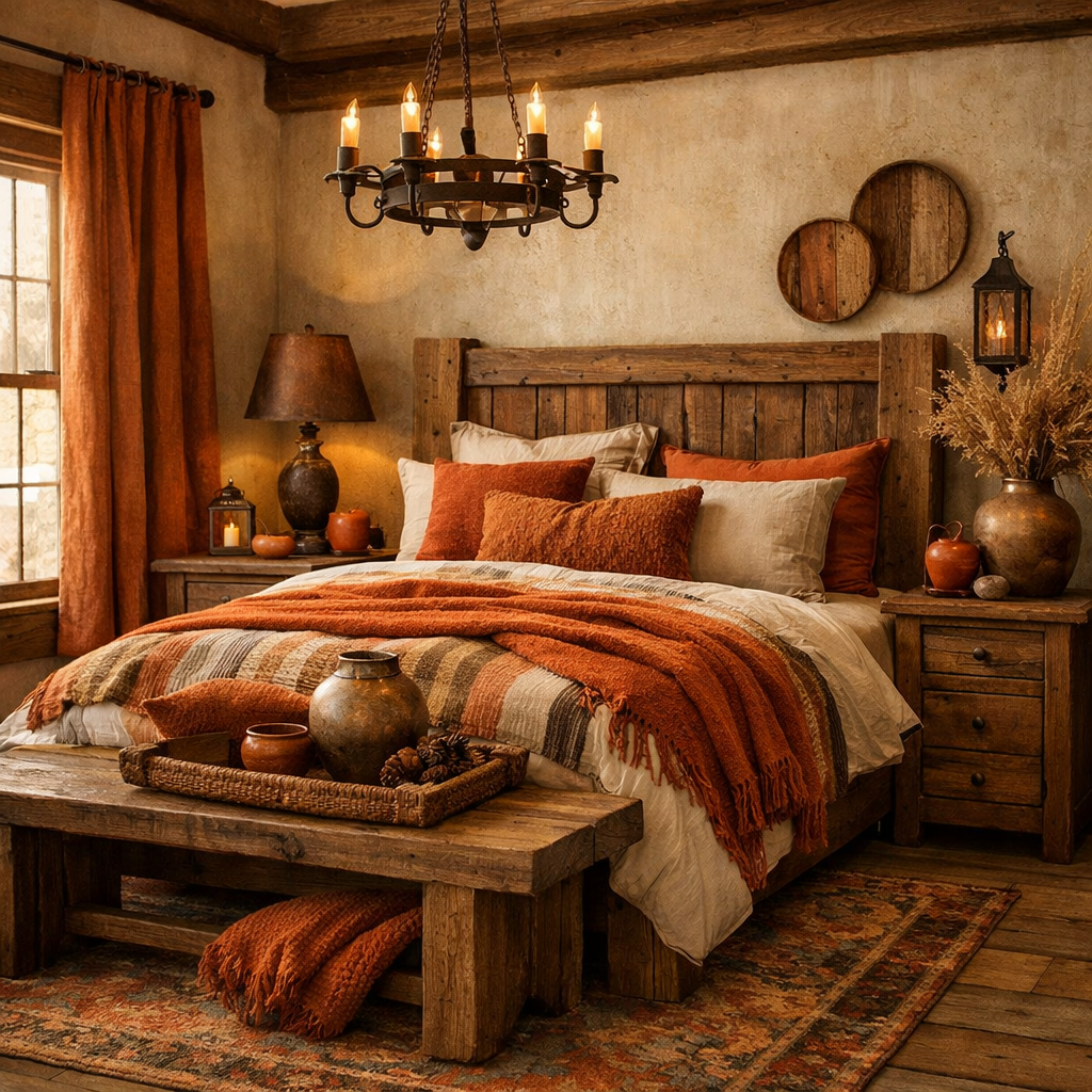 A rustic bedroom featuring a wooden bed frame adorned with rusty orange bedding, wooden furniture, and warm lighting.