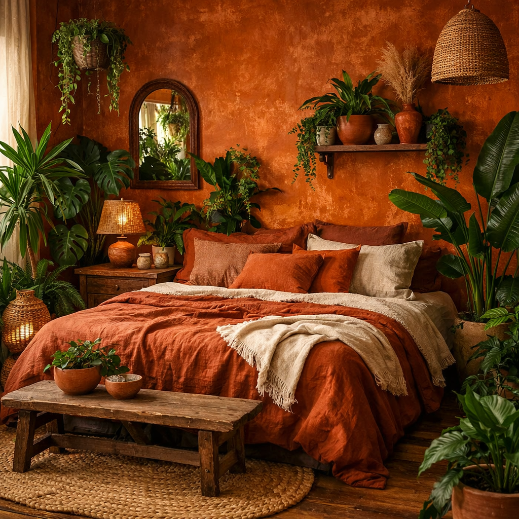 A cozy bedroom featuring rusty orange walls, a warm bed with textured bedding, and various indoor plants, creating a serene atmosphere.