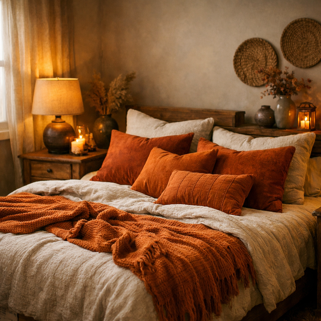 A cozy bedroom featuring rusty orange accents through pillows, a knitted blanket, and warm lighting.