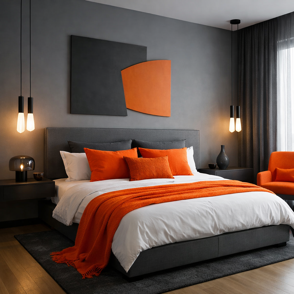 Modern bedroom featuring grey walls with orange accents, including pillows and a throw blanket