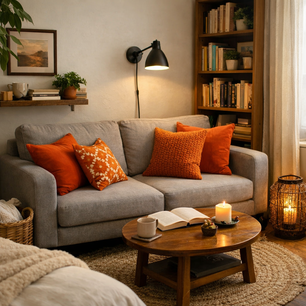 A cozy living room featuring a grey sofa adorned with orange decorative pillows, complemented by a wooden coffee table and ambiance from a candle.