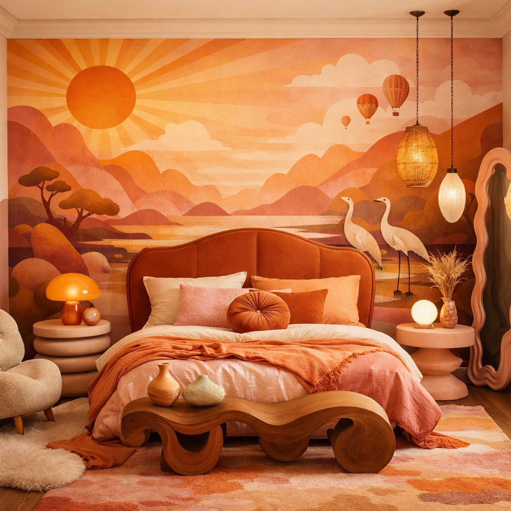 A cozy bedroom featuring an orange and pink mural of a sunset, with stylish furniture and decor in coordinating colors.