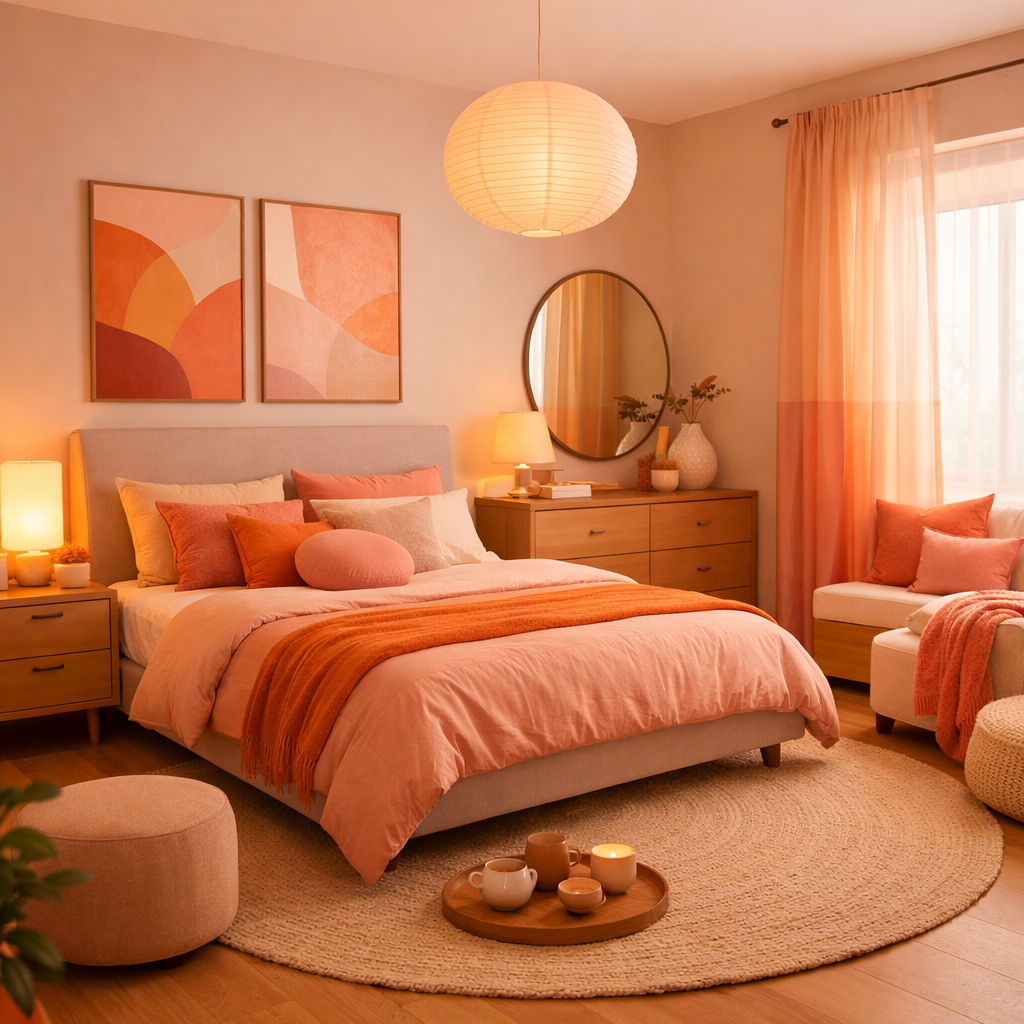 Cozy bedroom with orange and pink decor, featuring a spacious bed, soft lighting, and natural textures.