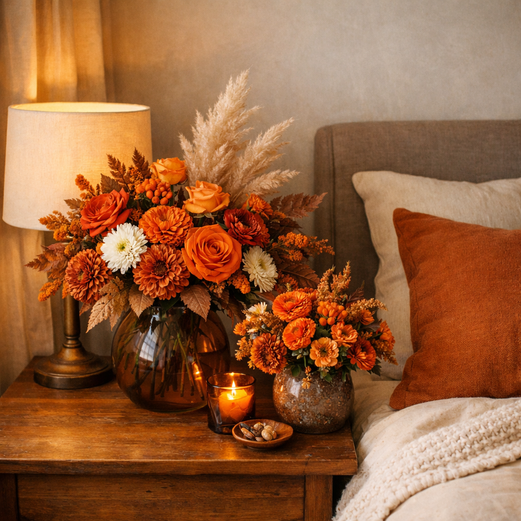 A cozy bedroom with orange and brown decor featuring floral arrangements.