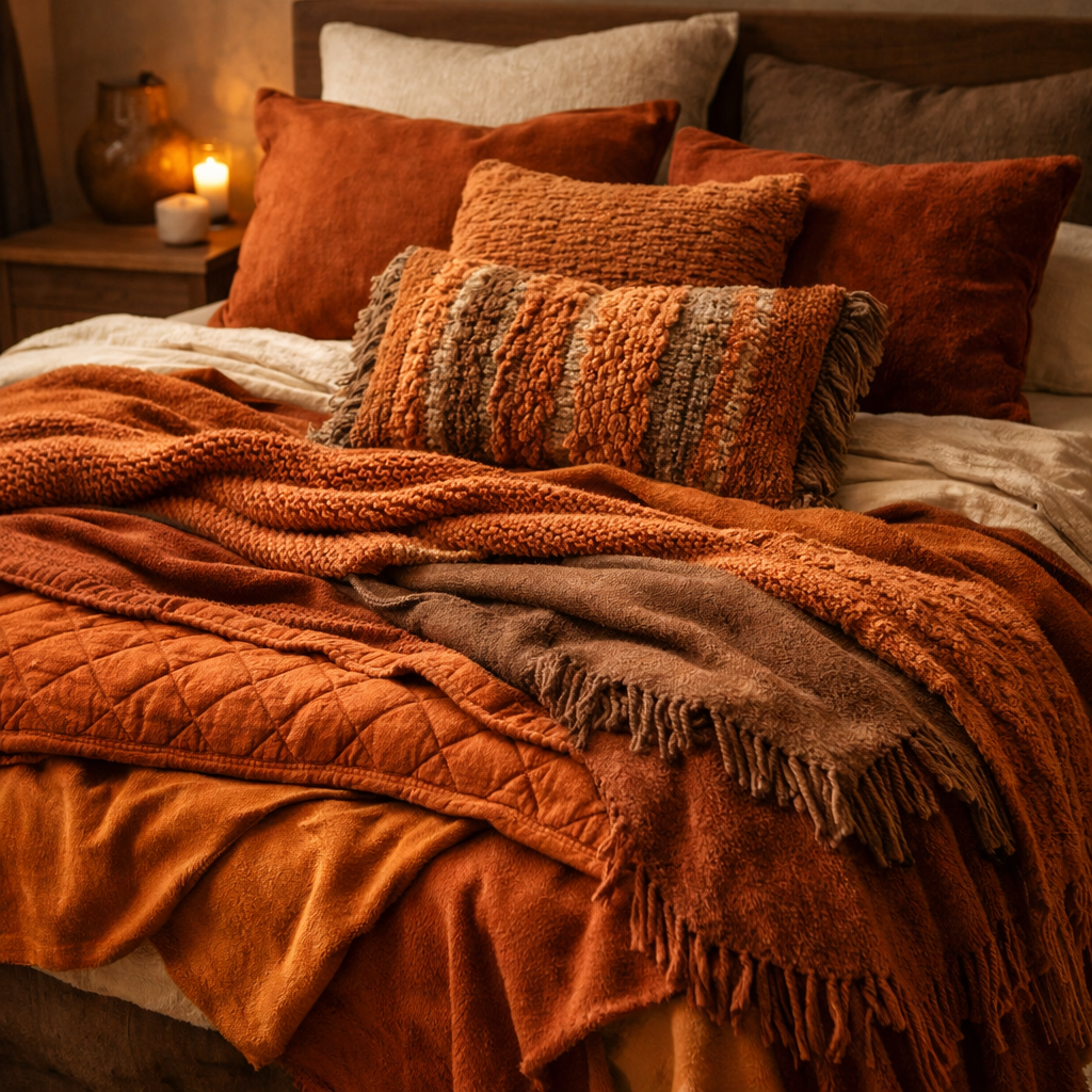 Cozy layered textiles including orange and brown blankets and pillows.