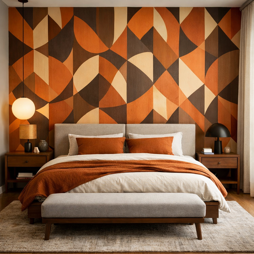 A modern bedroom featuring a geometric orange and brown wallpaper, a neutral bedspread, and cozy decorative elements.