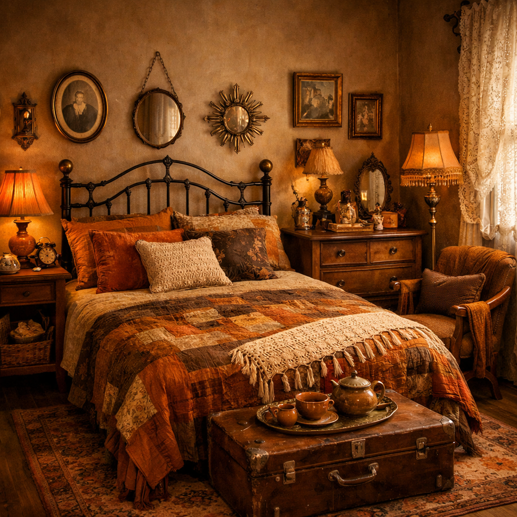 A vintage-themed bedroom with orange and brown decor, featuring a patchwork quilt, antique accessories, and warm lighting.