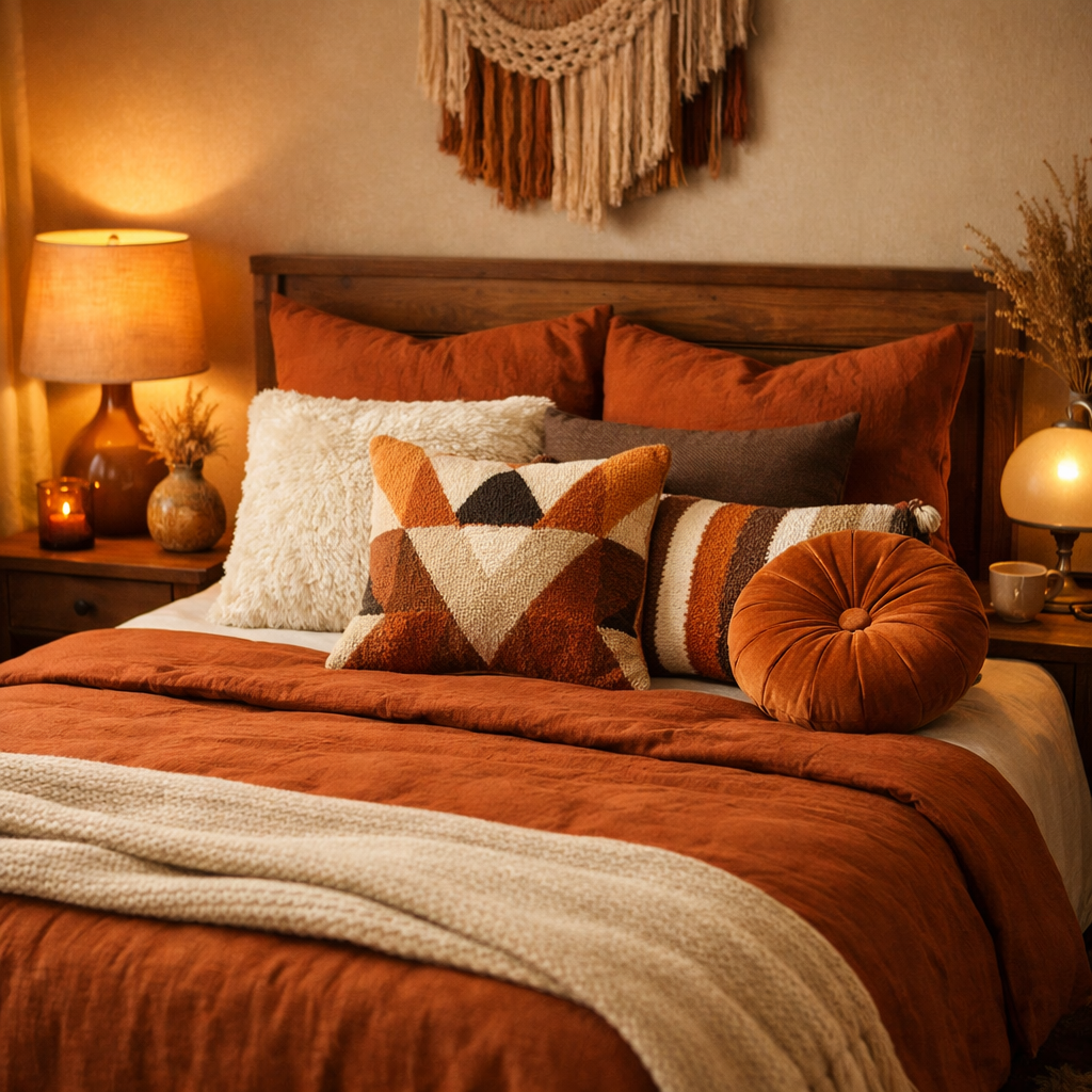 A warm and cozy bedroom featuring orange and brown tones with decorative pillows.
