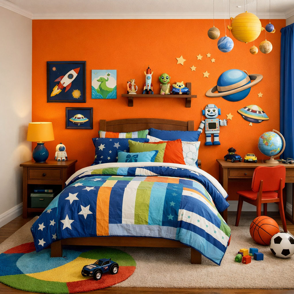 A boy's bedroom featuring a bright orange accent wall, colorful bedding, space-themed decor, and toys.