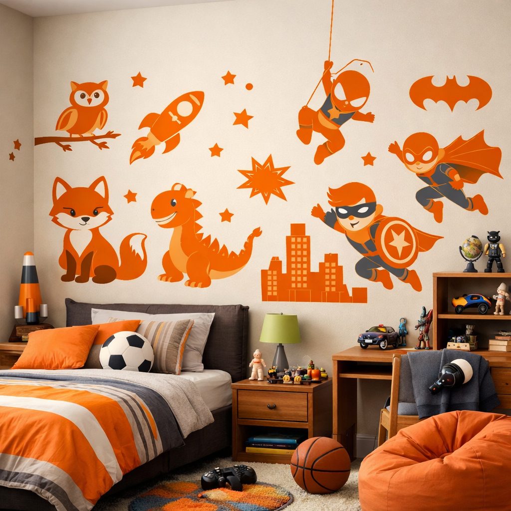 A boy's bedroom featuring orange-themed wall decals with animals and superheroes.