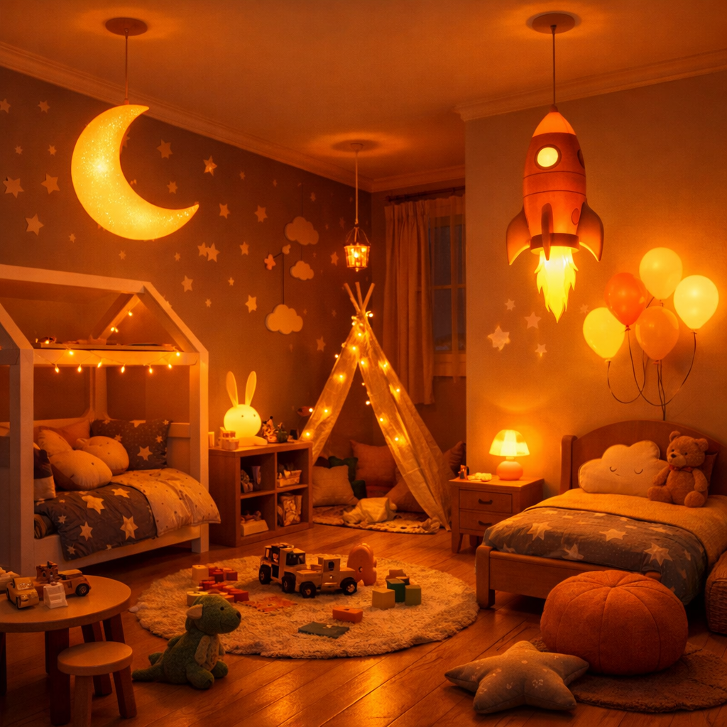 A cozy kids bedroom with orange lighting fixtures including a moon and rocket lamp.