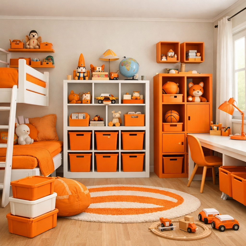 A bright orange kids' bedroom with various storage solutions organized around